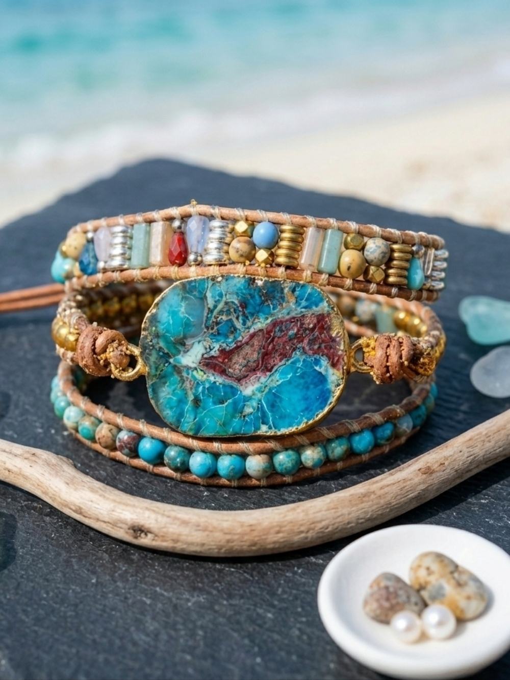 Chrysocolla Jasper Leather Wrap Bracelet Triple Layer Artisan Boho Statement